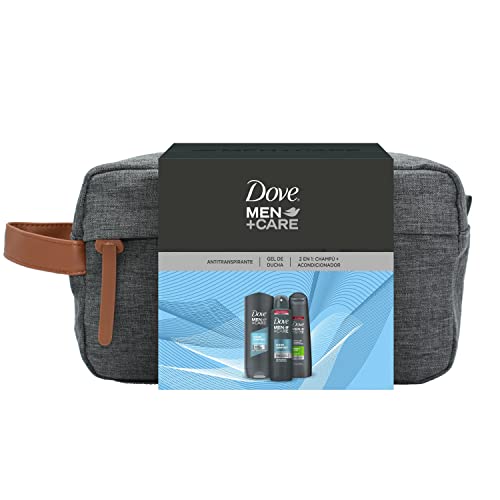 Dove Men+Care Neceser Hombre Set de Baño con Bolsa de Aseo Gel de Ducha Clean Comfort + Champú y Acondicionador 2 en 1 + Desodorante Antitranspirante Roll On + Gel Hidroalcohólico + Tarro Crema