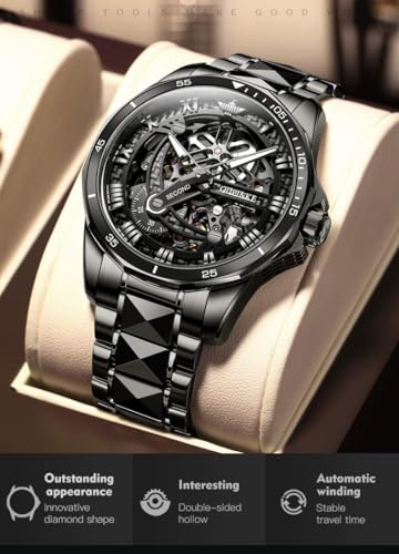 Image of OLEVS Mens Watches Skeleton Mechanical Black Watches for Men Wrist Watches Automatic Luxury Tungsten Steel Sapphire Crystal Waterproof Luminous Gold and Black