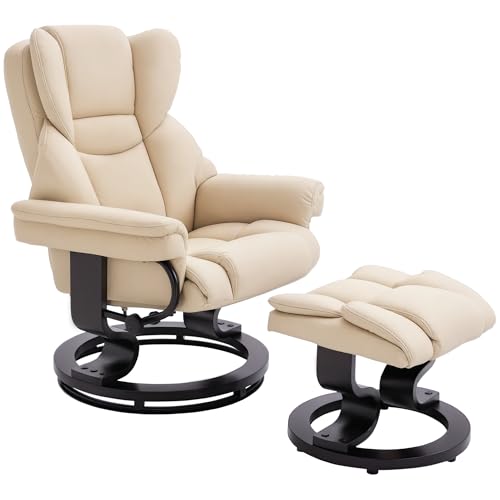 HOMCOM Relaxsessel mit Hocker, 360°drehbarer Fernsehsessel mit Liegefunktion Polstersessel für Wohnzimmer, Schlafzimmer, Kunstleder, Creme