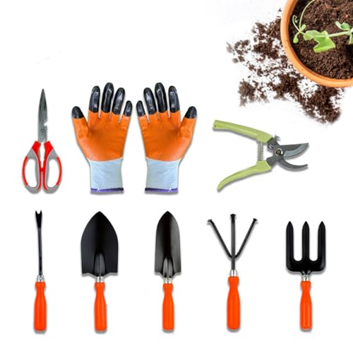 Image of Cinagro Garden Tools Kit (Set of 8) Weeder, 2 Trowels, Hand Fork, Cultivator, Scissors, Pruner, Gardening Hand Gloves | Gardening Tools Kit for Home Garden, Garden Accessories Home Gardening