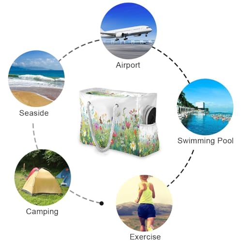 ATTX Summer Wild Flower Beach Bags for Women - Large Beach Bags with Zipper Waterproof Sandproof Swim Pool Bag Large Tote#1354