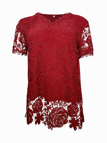Lace Blouses for Women Dressy Casual Crochet Tops Summer Flower V-Neck Half Sleeves Casual Breathable Tee2