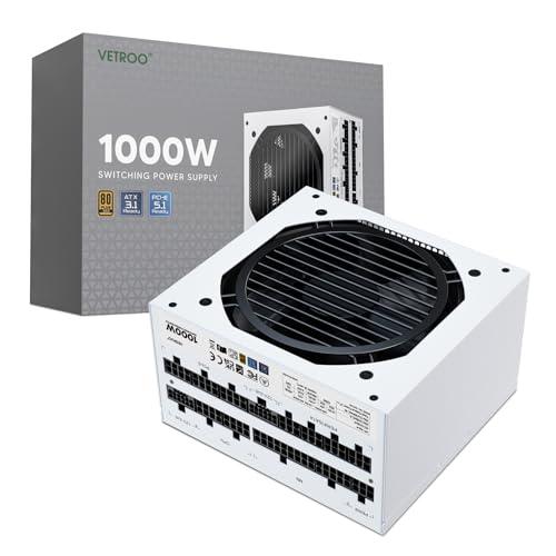 Vetroo 1000W電源ATX 3.0 ReadyダブルPCIe 5.0, 80 Plus Goldフルモジュラー、コンパクトサイズ、日本105℃コンデンサ、エコモード120mm FDBファン、10年保証、ゲームPCなどに対応 (White)