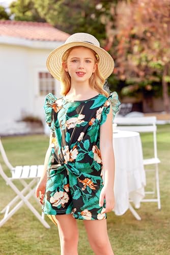 Image of Arshiner Girls Shorts Sets 2 Pieces Outfits Twist Front Ruffle Sleeve T-Shirts and Shorts With Pockets Cute Clothes Sets