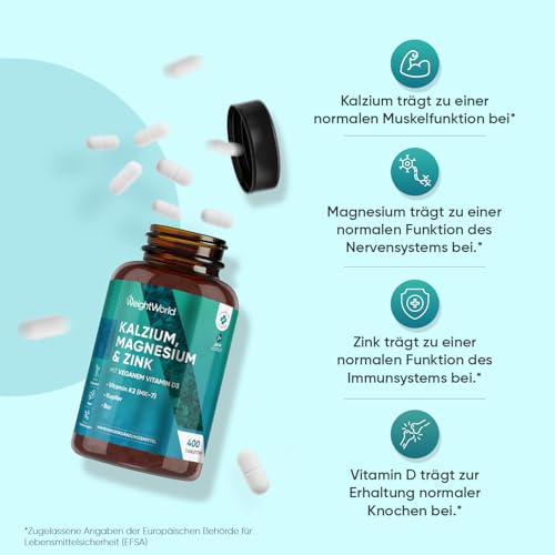 Kalzium Magnesium Zink - 400 Tabletten - 1+ Jahr - 500mg Calcium pro Tagesdosis - 1 vegane Tablette Pro Tag - Mit Mangan, Vitamin D3 K2, Bor, Selen, Kupfer - Frei von Magnesiumstearat - WeightWorld
