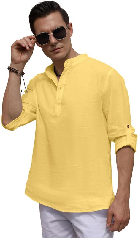 Image of ROYALSCOUT Men's Cotton Blend Casual Short Kurta Shirt with Notch Neck and Button Detail | Full Sleeve Straight Fit Lightweight Ethnic Top for Summer