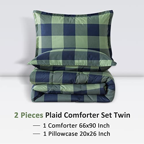 Image of Andency Green Plaid Comforter Twin(66x90Inch), 2 Pieces (1 Comforter, 1 Pillowcase) Buffalo Checkered Gingham Bed Set, Soft Geometric Bedding for Boys