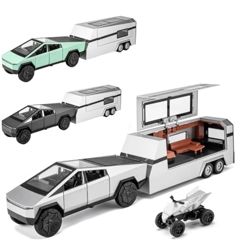 Image of 1:32 Scale Die-Cast Tesla CyberTruck with Pick-Up Trailer with 6 Openable Doors Pull Back Action,Lights & Music Best Vehicle Gift for Kids【Pack of 1】【Random Color】