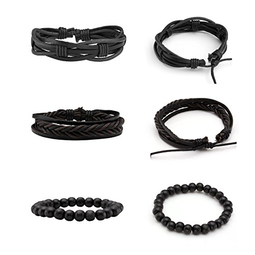 Milakoo 6 Pcs Black Braided Leather Bracelets For Men Women Cuff Wrap Wristbands #TOP1