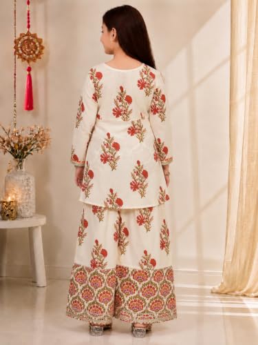 Image of Preneum Girls's Cotton Rayon Gota Pati Multi Floral Printed Angrakha Kurta with Sharara & Dupatta