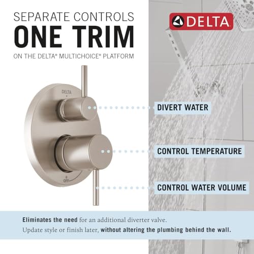 Image of Delta Modern 14 Series Round Rain Shower System Faucet Set, Rainfall Brushed Nickel Shower Head and Handle Set, Valve Trim Kit, 10 Inch, Spotshield Stainless 342702-SP