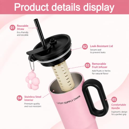 Image of Vasukie Tumbler with Handle & Straw Lid - Leakproof Travel Mug for Hot & Cold Drinks, Reusable Coffee Cup, Cute Pink Design with Charm, Office, Gym & Travel Use