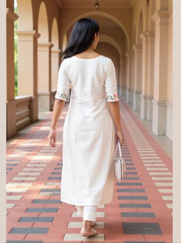 Image of eightone Women's White Cotton Straight Kurti with Floral Embroidery, Pin-Tuck Yoke, Casual Ethnic Wear