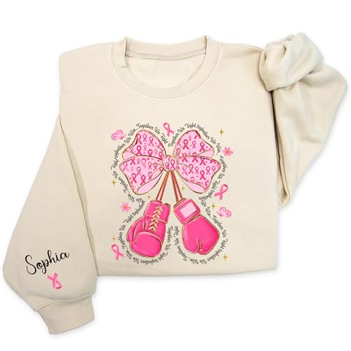 Custom Breast Cancer Awareness With Name on Sleeve Sweatshirt, Preppy Pink Bow Boxing Gloves Shirt, Cancer Support T-Shirt, This Is My Fight Breast Cancer Tee, Pink Ribbon Tee