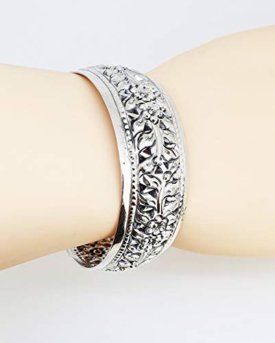 Chunky Statement 925 Sterling Silver Cuff Bangle Bracelet for Women - 25mm Floral Cuff - Ideal gift for her3