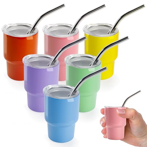 Joyclub 3 oz Mini Tumbler Shot Glass with Straw and Lid 6 Pack Colored Stainless Steel Sublimation Shot Tumblers Mini Cup for Wedding Party Whiskey Favors 6 Pack Mixed