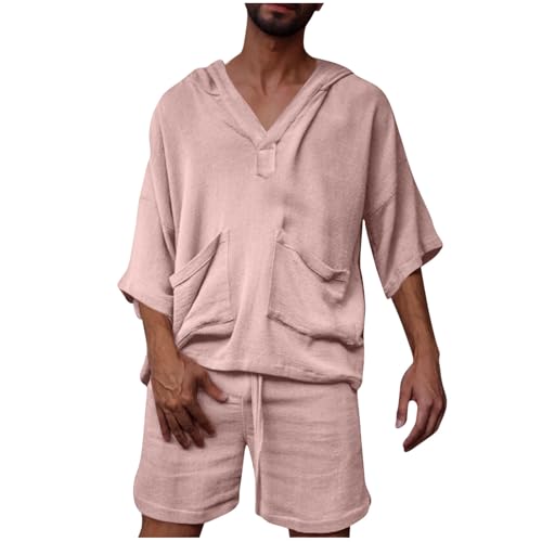 Xiaojmake 2 Piece Men Summer Sets Cotton Linen 3/4 Sleeves Hooded Top and Drawstring Shorts Pajamas Set Comfy Beach Outfits - Main Image