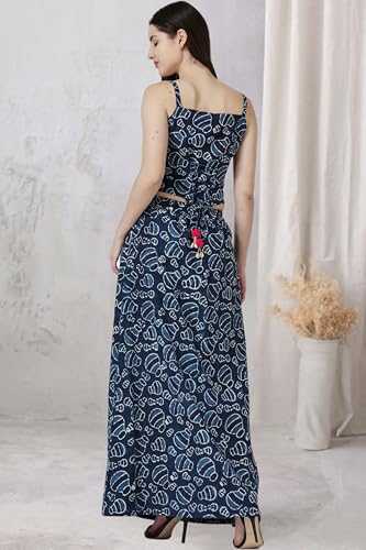 Image of POPWINGS Casual Bagru Printed Cotton Top and Skirt Set for Women || Pom Pom Top and Long Slit Skirt Set for Women || Two Piece Women Set for Summer