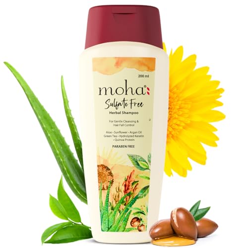 Moha Sulfate-Free Herbal Shampoo with Aloe Vera, Green Tea, Quinoa Protein, Sunflower & Argan Oil for Gentle Cleansing, Retains Hair Colour & Hair Fall Control | Deeply Nourishes, Restore Natural Health, Repairs Damaged Hair & Perfect for Hair Growth | Add Natural Shine, Soothes Scalps, Strengthen Roots, Smoothes Frizz & Improves Textures | Best Sulphate & Paraben-Free Shampoo for Women & Men – 200 ml (Pack of 1)