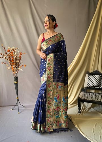 Image of SGF11 Women's Paithani Soft Lichi Silk Kanjivaram Sarees With Blouse Piece (Dark Blue)