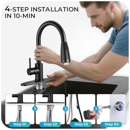 Image of LED Kitchen Faucet with Pull Down Sprayer - Matte Black Single Handle Kitchen Faucets, High Arc Stainless Steel Pull Out Kitchen Sink Faucet with Deck for RV Laundry Farmhouse Bar
