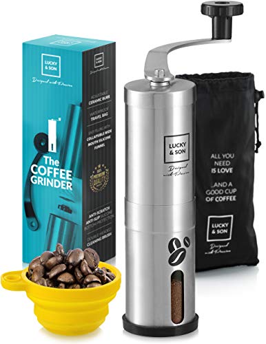 Lucky & Son Manual Coffee Grinder - Top Rated Hand Crank Conical Coffee Bean Grinder with Adjustable Ceramic Burr, Portable Mini Burr Grinder Mill for Travel, Best Coarse Grind for French Press
