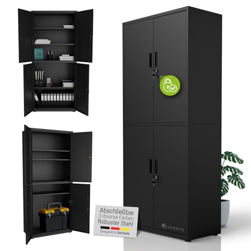 Juskys Armoire de Bureau en métal 180x80x40 cm – Armoire verrouillable en Acier avec 2 Portes, 3 étagères réglables & Pieds Ajustables – Noir