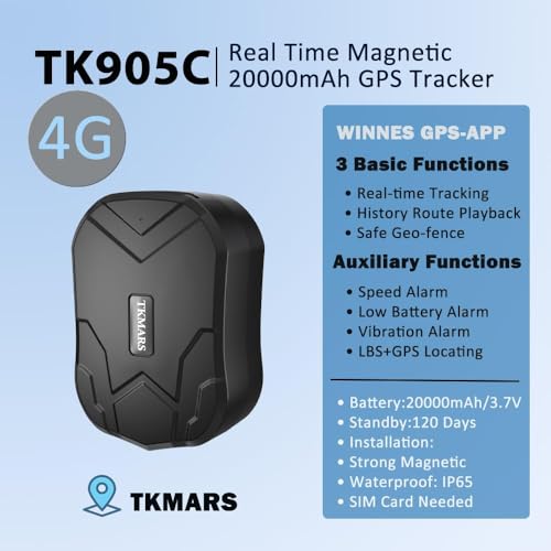 TKMARS 4G GPS Ortungsgerät für Auto ohne ABO, mit 20000-mAh Akku, Langer Standby-Zeit, magnetischem, wasserdichtem GPS-Tracker, kostenloser App, Vibrationsalarm, Geofencing, Routenverlauf