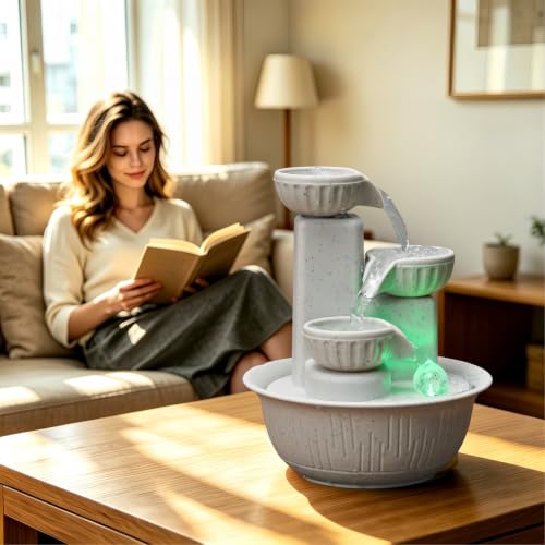 Image of Desk Fountain for Indoor Table, 3-Tier Cascading Waterfall with Warm LED Light - Compact Tabletop Water Feature, Calming Home Office Decor for Bedroom, Yoga Meditation(Cream)