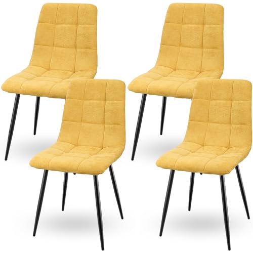 LEWE Pack de 4 Sillas de Comedor, Sillas sin Brazos de Tela de Lino con Patas de Hierro, Ocio Silla Tapizada, Sillas Cocina, Silla Comedor, Sillas Salon-Amarillo