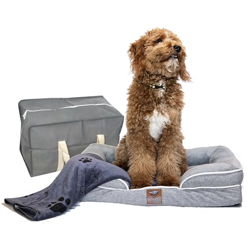 FUTMI - kit Orthopedic Dog Bed with Blanket- Waterproof - Washable Cover and Memory Foam Dog - Cama para Perros Medium Size Grey.