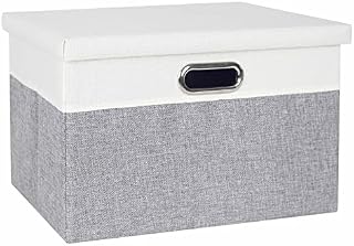 Febzoce Storage Boxes with Lids, Foldable Fabric Storage Baskets for Shelves Stackable Cube Bins Organizer for Closets Home and Office Grey Medium Large 39 x 27 x 25cm 3-Pack