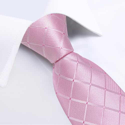 Image of DiBanGu Mens Silk Plaid Tie and Pocket Square Set | Elegant Silk Formal Tie Set, Woven Check Necktie and Cufflinks Tie Clip Set, Perfect for Wedding Party, Comes in Gift Box