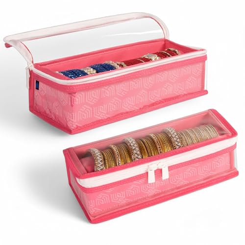 Image of HomeStrap Non-Woven Single Rod Bangle Box with Transparent Top | Waterproof, Dustproof Organizer for Bangles, Chudis, Bracelets, Watches & Jewellery | Compact Storage Organizer | Pink | Pack of 2