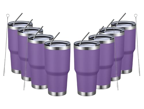 Image of MEWAY 30oz Insulated Tumbler With Lids and Straws,Stainless Steel Double Vacuum Coffee Tumbler Cup, Brush, Durable Powder Coated Coffee Cup for Cold & Hot Drinks, Office, Travel(Purple,8 PACK)