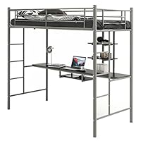 COSTWAY Metal Bunk Bed with Desk, Shelves and Safety Guardrail, 2 Ladders Loft Bed Frame, Home Bedroom Dormitory Space-Saving Single High Sleeper for Kids, Teens and Adults (Silvery Grey)