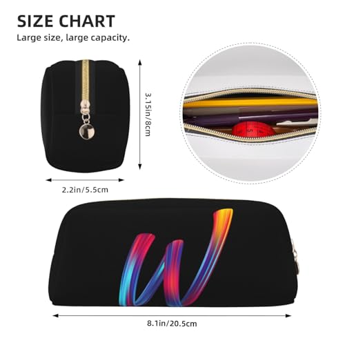 Image of Cute Initial Pencil Case for Kids Simple Leather Pencil Pouch for Boys Girls Letter Design Pencil Box Pen Bag Pencil Pouch Office Stationery Organizer, Rainbow Letter W