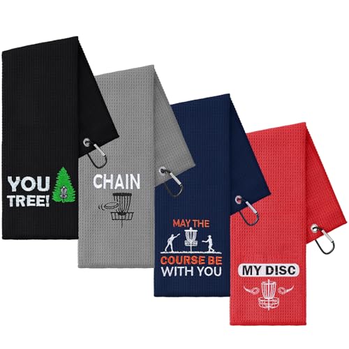 VitalCozy 4 Pcs Disc Golf Microfiber Towels with Carabiner Clip Embroidered Disc Golf Bag Towels Accessories for Fathers Day Men Sports Gift