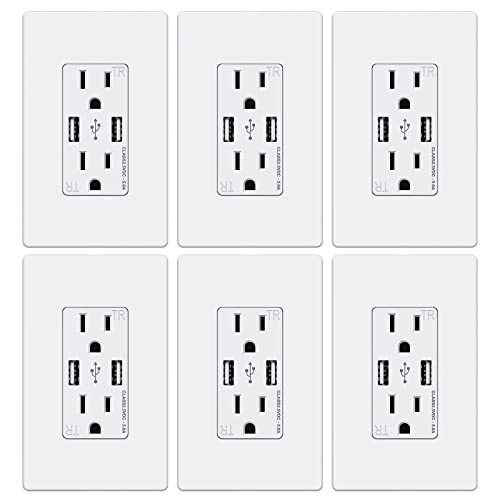 Webang Usb Wall Outlet, 5.0 Amp 2-Ports Usb Charger Outlet, 15A Duplex Tamper-Resistant Receptacle, Screwless Wall Plate Included, Etl Listed, White, 6 Pack #TOP16