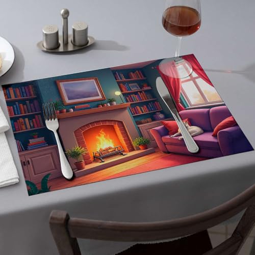 Sets de table d'été illustration chat sur canapé et cheminée Comedor