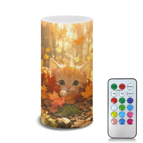 Image of Poceacles Flameless Candle Electric LED Lights with Timer Remote Color Lights, 3 AAA Batteries Operated (Not Include) Tealight for Home Indoor Fall Decor, Cartoon Cat Fall Forest Autumn Leaf