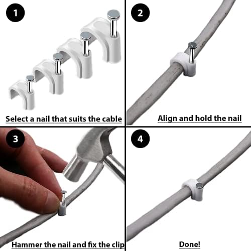 Hub Alley 100pcs Durable Round Cable Clips, White Color of 7mm, 8mm, 9mm, 10mm Cable Tacks, Wire tidy for All Kind of Wire Management with Strong Steel Nails.