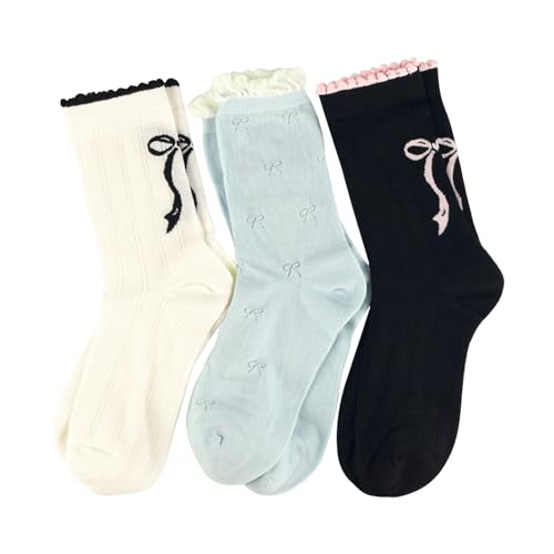 3 Pairs Women's Cute Crew Socks Casual Novelty Athletic Bowknot Cotton Calf Socks for Women