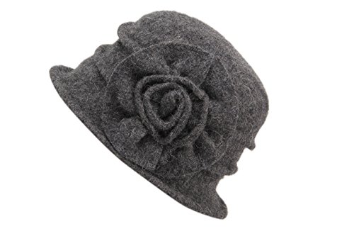 DANTIYA Women's Winter Classic Wool Cloche Bucket Hat Warm Cap with Flower Accent (Grey)