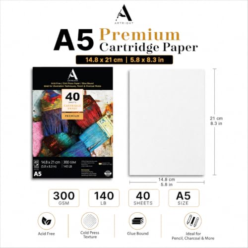 Image of ArtRight Artists' Sketching Paper (A5 Pack of 40 Sheets, 300 GSM); Handmade Cartridge Mixed Media Sheets of 300GSM for Pencil, Charcoal and Ink Media