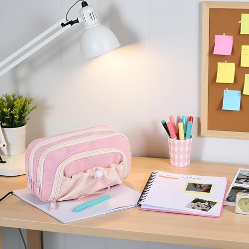 Image of Canvas School Bag Pencil Case, 3 Layer 6 Compartment Large Capacity, Aesthetic Pencil Pouch for Stationary, Cute Stationery for Kids, Pencil Case for Girls & Boys (Dori-Pink)