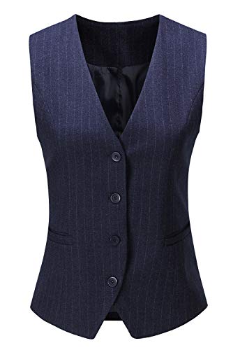 Vocni Women's Fully Lined 4 Button V-Neck Economy Dressy Suit Vest Waistcoat Blue Pinstripe US XS+ (Fit Bust 30.3