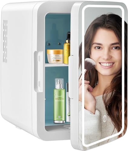 GOPLUS Mini Nevera para Maquillaje 10L de -5 a 50 ℃, Mini Refrigerador con Espejo LED, Refrigerador de Belleza con Modo Frío/Calor y Estantes Extraíbles para Refresco Cosmético, 23 x 28 x 34 cm