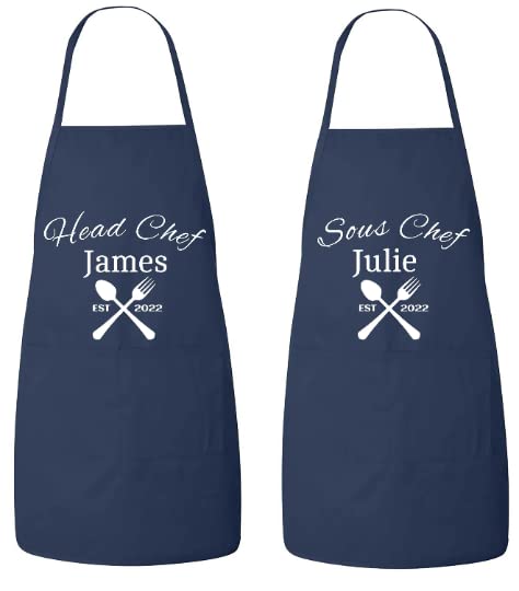 Matching Couples Aprons Set, Chef & Sous Chef Aprons, Personalized Mr and Mrs Aprons, Couples Apron Set, Wedding Gift, Newlywed, Anniversary (Navy)