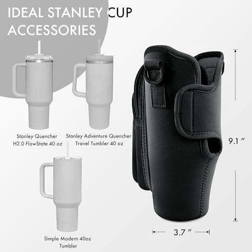 Image of Water Bottle Carrier Bag with Phone Pocket for Stanley Cup 40 /30 oz, Water Bottle Holder with Adjustable Strap& Straw Cover, Stanley Cup Accessories (Black)